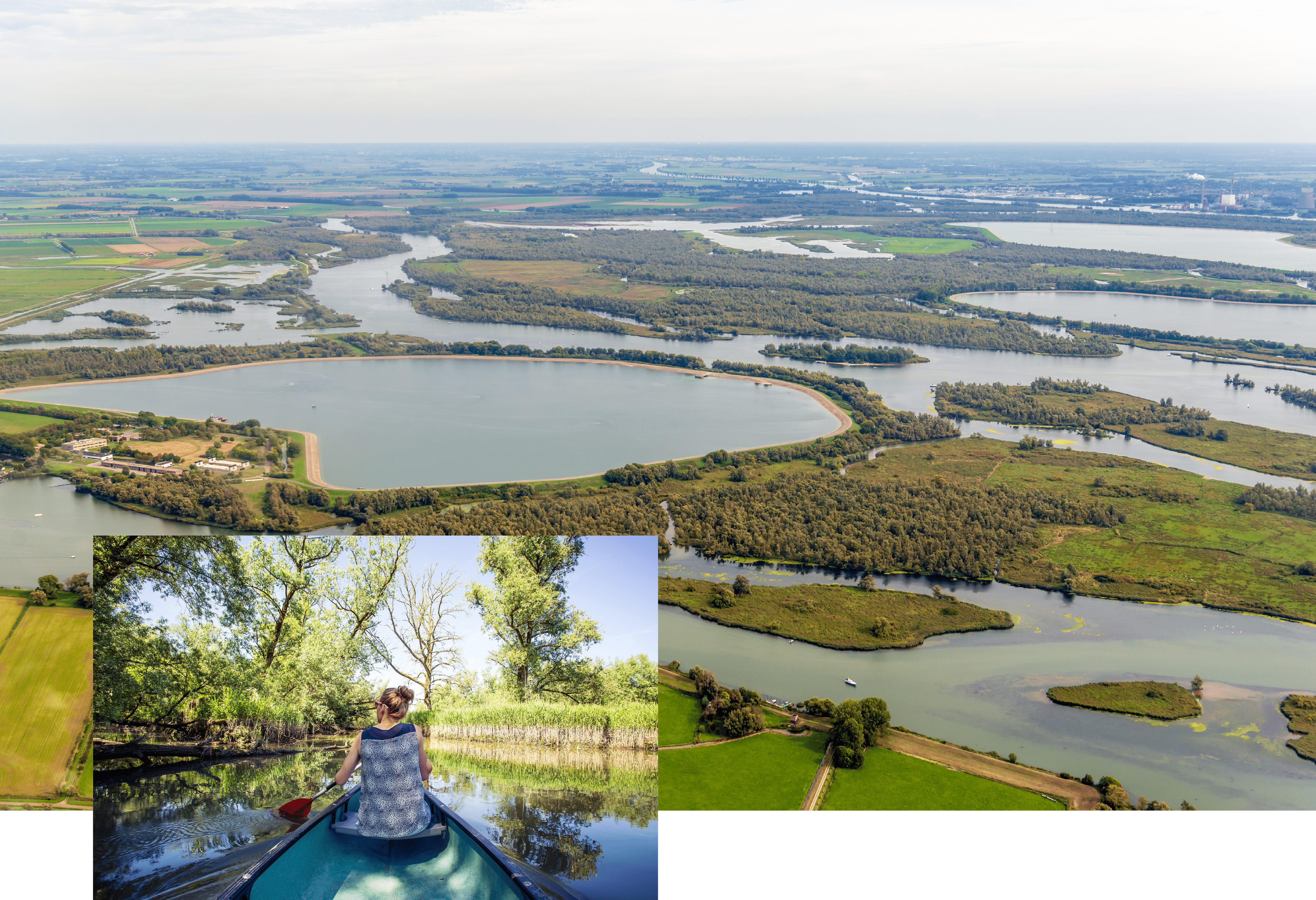 luchtfoto Biesbosch met vrouw in kano